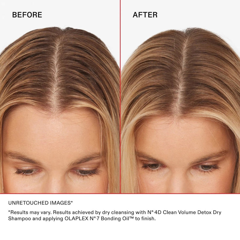 Before-and-after comparison of a woman's hair part, showing a fuller part on the right labeled 'AFTER' with less oily hair, on a white background with text noting unretouched images and product ingredients.