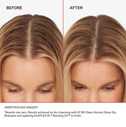 Before-and-after comparison of a woman's hair part, showing a fuller part on the right labeled 'AFTER' with less oily hair, on a white background with text noting unretouched images and product ingredients.