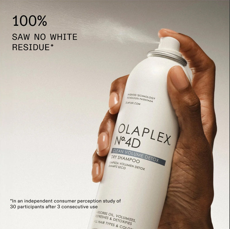 A hand holding a white Olaplex No. 4D Detox Shampoo can against a light gray background, with promotional text reading '100% SAW NO WHITE RESIDUE'.