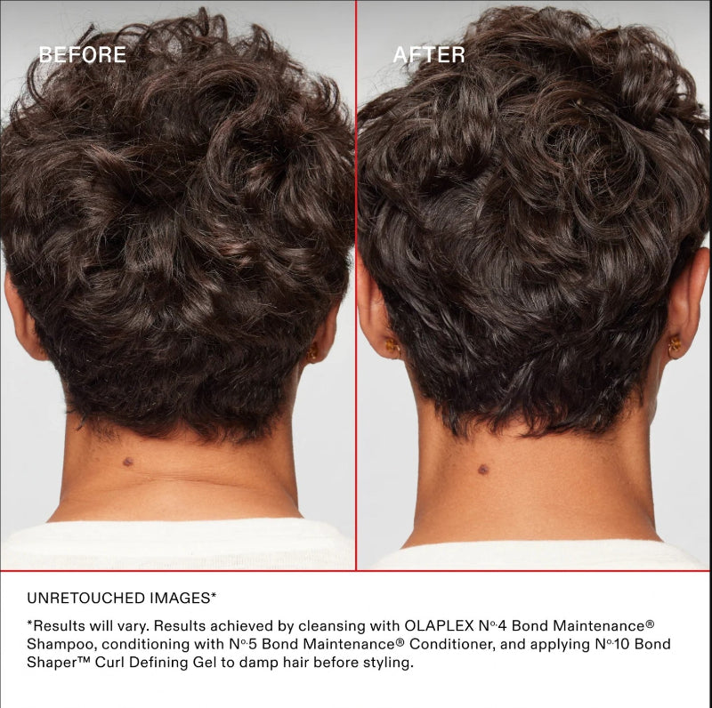 Before-and-after comparison of a person's dark brown to black curly hair, showing the back of the head. The left side is labeled 'BEFORE' and shows the hair in its natural, textured state.