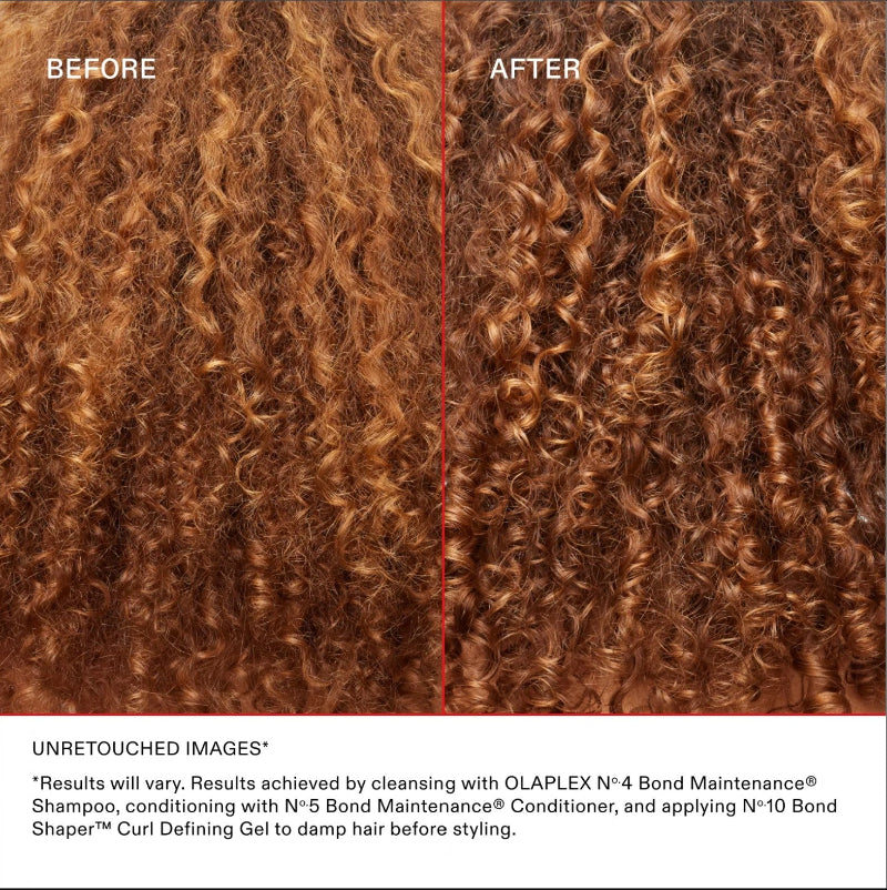 Before-and-after hair styling comparison showing curly hair enhanced with curl defining gel. The left side is labeled BEFORE and shows looser, drier curls; the right side is labeled AFTER and shows tighter, shinier, more defined curls. The model is using curl defining gel from Olaplex