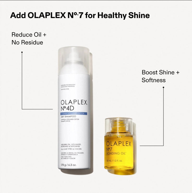 Olaplex No.4D dry shampoo and No.7 bonding oil on a white background best for reducing oil and boost shine and softness