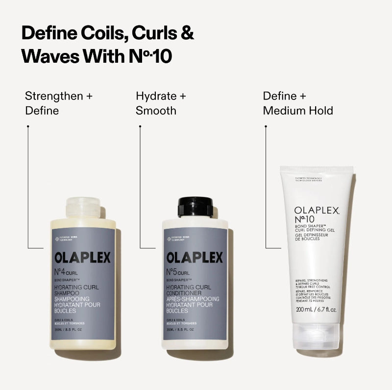 Three Olaplex No. 10 haircare products arranged on a light gray background with descriptive text above them: a cream-colored bottle labeled 'Strengthen + Define,' a white bottle with a black cap labeled 'Hydrate + Smooth,' and a white tube labeled 'Define + Medium Hold.