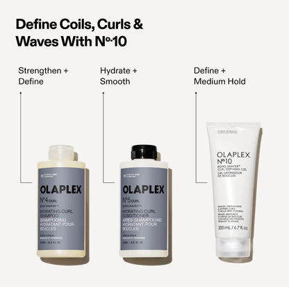 Three Olaplex No. 10 haircare products arranged on a light gray background with descriptive text above them: a cream-colored bottle labeled 'Strengthen + Define,' a white bottle with a black cap labeled 'Hydrate + Smooth,' and a white tube labeled 'Define + Medium Hold.