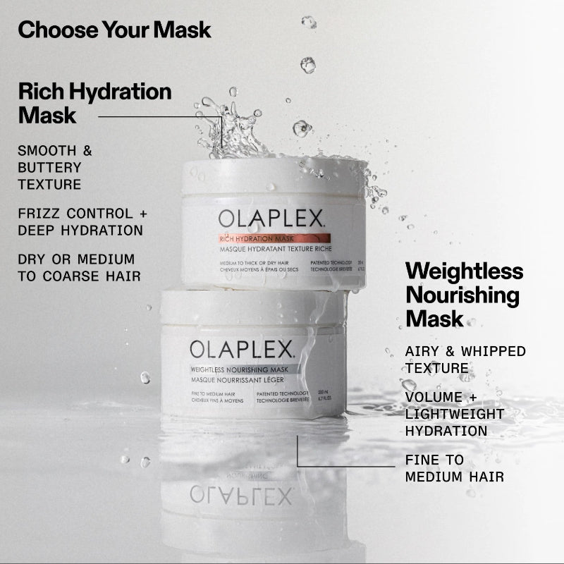 Olaplex haircare products including a rich hydration mask for frizz control deep hydration and weightless nourishing mask for volume and lightweight hydration showing on a white background