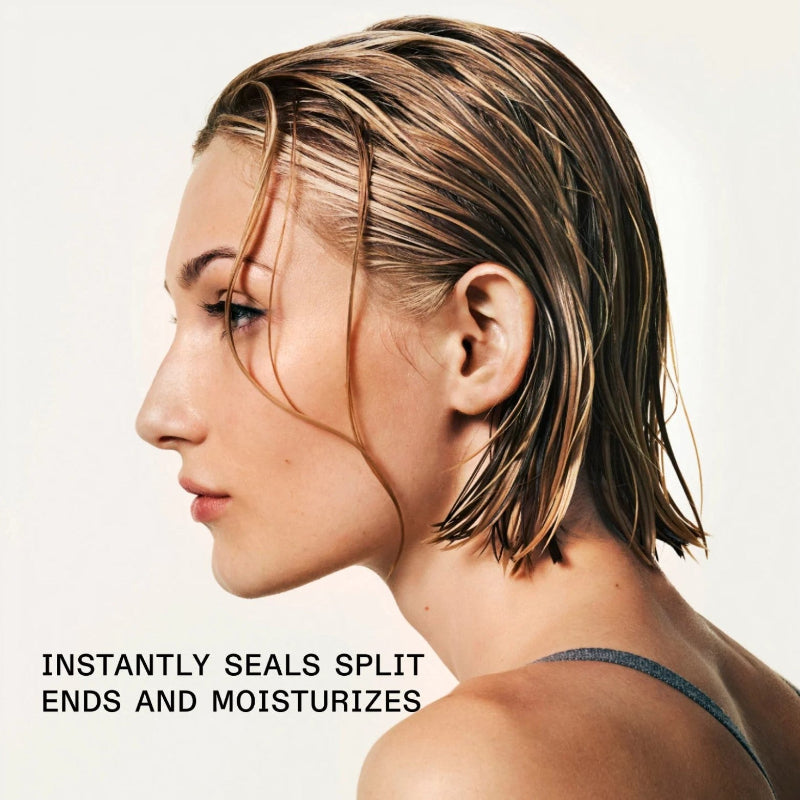 Woman with wet hair on a plain background with text about hair care product benefits. The model used Olaplex leave-in conditioner feels an instant result of sealed split ends and more moisturized hair