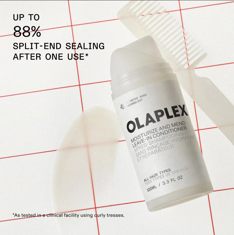 Olaplex Moisturize and Mend Leave-In Conditioner bottle on a white background with red grid lines, alongside a white comb and a text callout about split-end sealing.