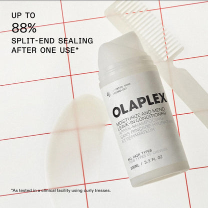 Olaplex Moisturize and Mend Leave-In Conditioner bottle on a white background with red grid lines, alongside a white comb and a text callout about split-end sealing.