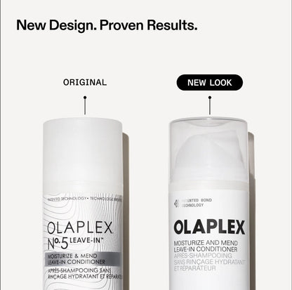 Two white Olaplex No. 5 Leave-In Conditioner bottles shown side by side on a light gray background, labeled 'ORIGINAL' and 'NEW LOOK' with arrows pointing to each bottle.