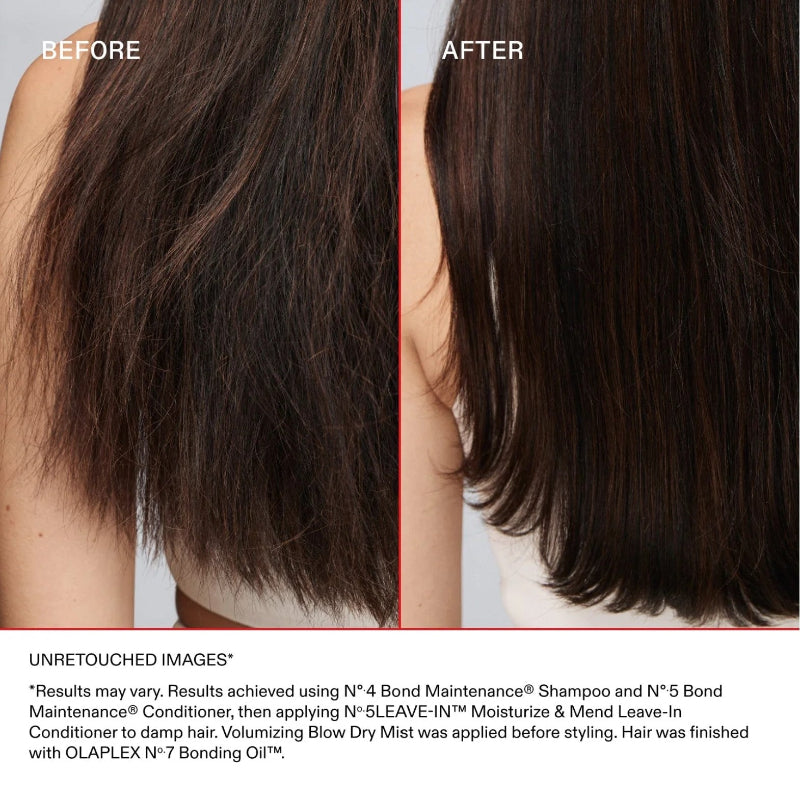 Before and after comparison of hair using Olaplex shampoo and conditioner, with text about product usage.