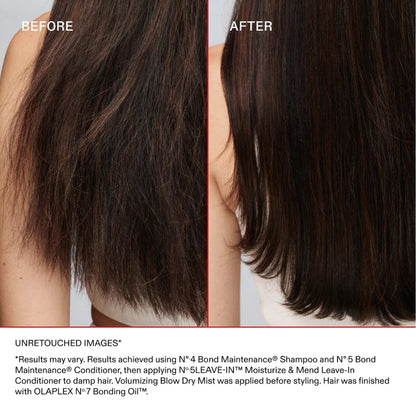 Before and after comparison of hair using Olaplex shampoo and conditioner, with text about product usage.