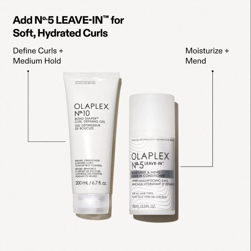 Two Olaplex No.5 LEAVE-IN haircare products on a light gray background with callout text and arrows: a white Bond Builder Gel tube on the left and a white Anti-Dandruff Condition & Seal spray bottle on the right.