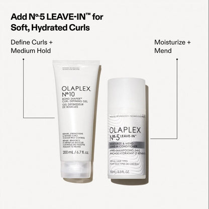 Two Olaplex No.5 LEAVE-IN haircare products on a light gray background with callout text and arrows: a white Bond Builder Gel tube on the left and a white Anti-Dandruff Condition & Seal spray bottle on the right.