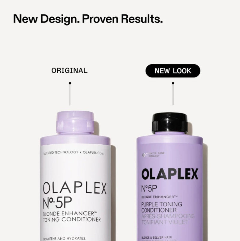 Two bottles of Olaplex conditioner, one labeled 'Original' and the other 'New Look', on a white background.