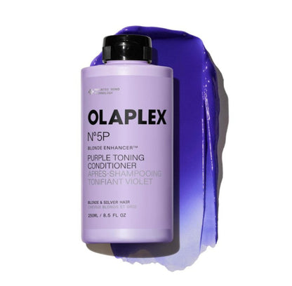 Olaplex purple toning conditioner with a silky quality purple conditioner showing on the back of the bottle