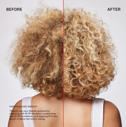 Before-and-after hair styling comparison showing curly hair results on a model from the back, with text explaining unretouched image expectations.