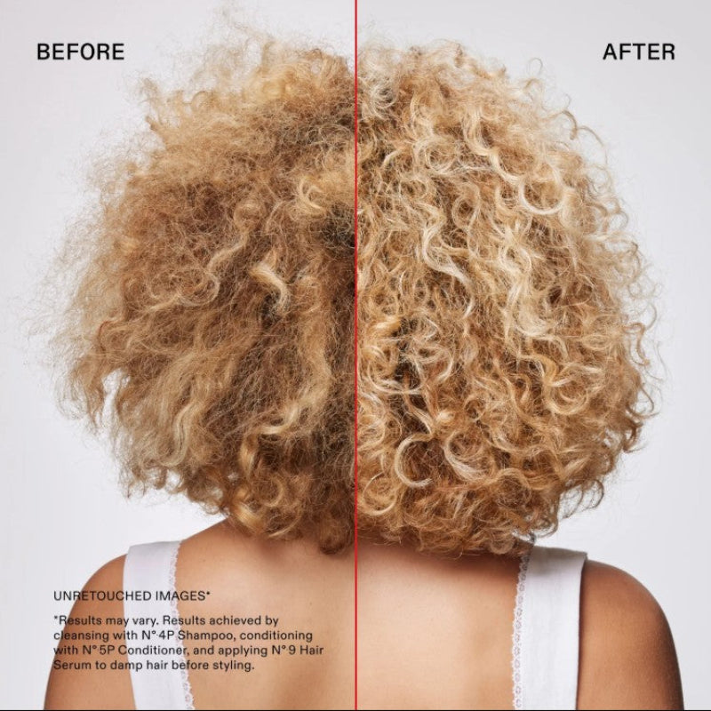 Before and after hair styling comparison showing curly hair dampened with serum, with the text 'UNRETouched Images' at the bottom left.