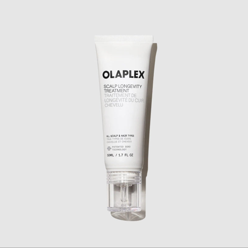 a bottle of 50 ML Olaplex scalp longevity treatment for all scalp and hair types showing on a white background