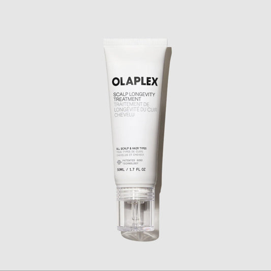 a bottle of 50 ML Olaplex scalp longevity treatment for all scalp and hair types showing on a white background