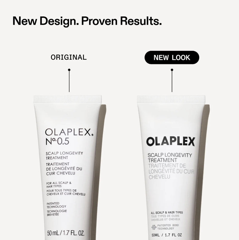 New look vs original look of Olaplex No 0.5 scalp longevity treatment 