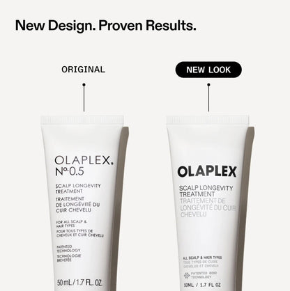New look vs original look of Olaplex No 0.5 scalp longevity treatment 