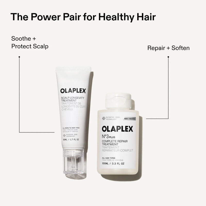 a bottle of Olaplex scalp longevity treatment and a bottle of Olaplex complete repair treatment as the power pair for healthy hair