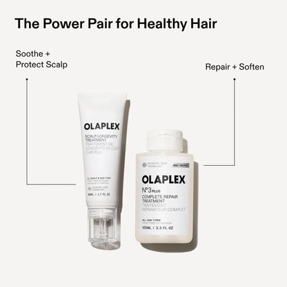 a bottle of Olaplex scalp longevity treatment and a bottle of Olaplex complete repair treatment as the power pair for healthy hair