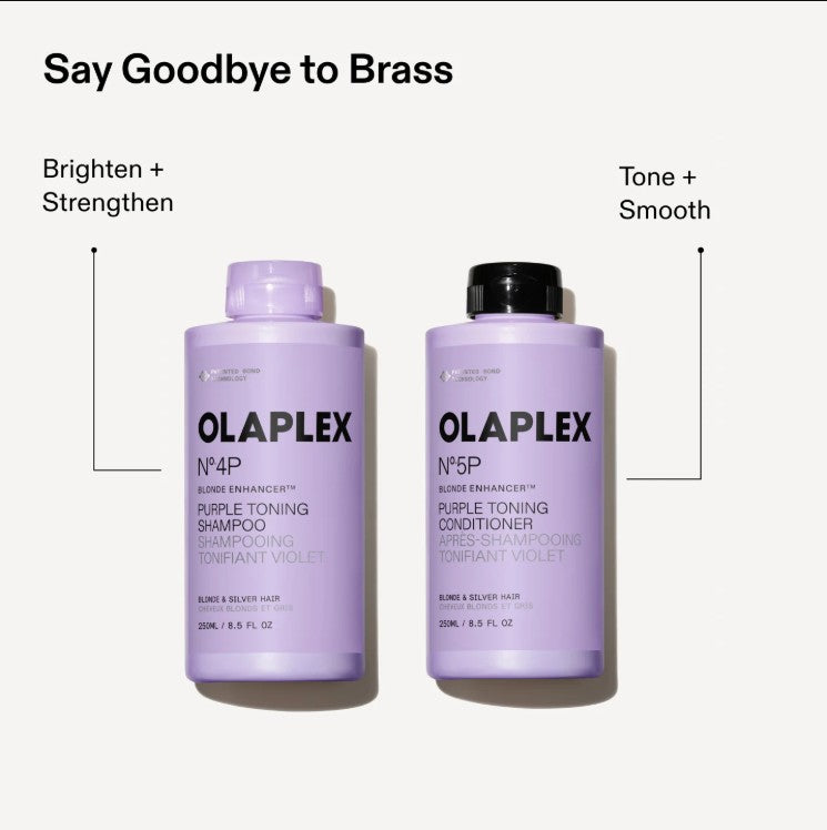 Two lavender OLAPLEX haircare bottles on a light gray background with marketing text: 'Say Goodbye to Brass' and callouts for shampoo and conditioner benefits.