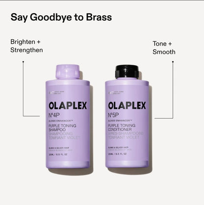 Two lavender OLAPLEX haircare bottles on a light gray background with marketing text: 'Say Goodbye to Brass' and callouts for shampoo and conditioner benefits.