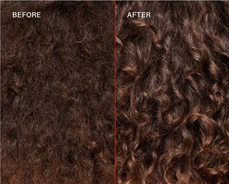 A close-up before-and-after comparison of curly hair texture, with the left side labeled BEFORE and the right side labeled AFTER. The hair appears dark brown to medium brown with subtle warm highlights, and the curls are clearer and smoother in the after view.
