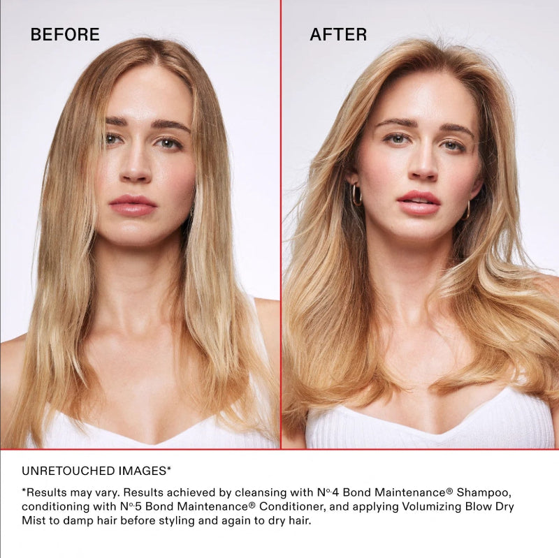 Before-and-after hair styling comparison on a model, showing a straight blonde hair look labeled BEFORE and a voluminous wavy blonde look labeled AFTER, with text explaining the results. She is using Olaplex haircare products for fine hair