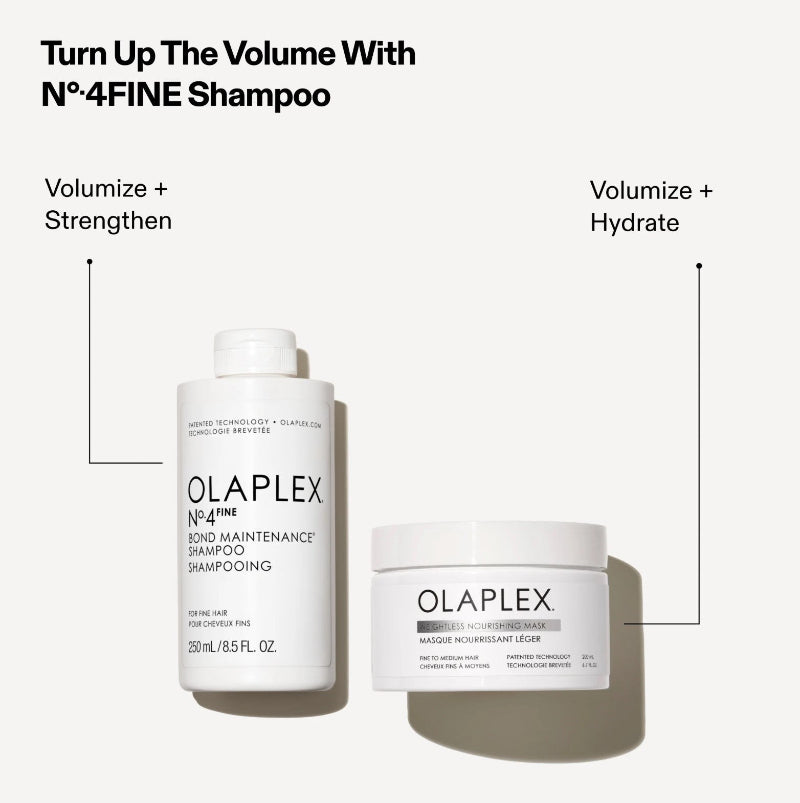 Olaplex haircare products shown on a white background, one bottle of Olaplex bond maintenance shampoo for fine hair for volumize and strengthen and the other bottle of nourishing mask for fine hair for volumize and hydrate