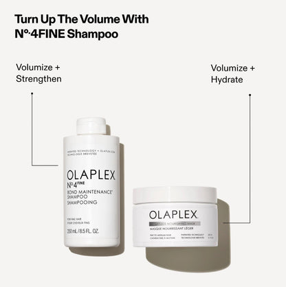 Olaplex haircare products shown on a white background, one bottle of Olaplex bond maintenance shampoo for fine hair for volumize and strengthen and the other bottle of nourishing mask for fine hair for volumize and hydrate