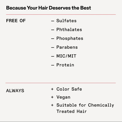A text-based graphic with the headline 'Because Your Hair Deserves the Best' on a light gray background. The layout lists product benefits: 'FREE OF' followed by sulfates, phthalates, phosphates, parabens, MIC/MIT, and protein, and 'ALWAYS' followed by color safe, vegan, and suitable for chemically treated hair.