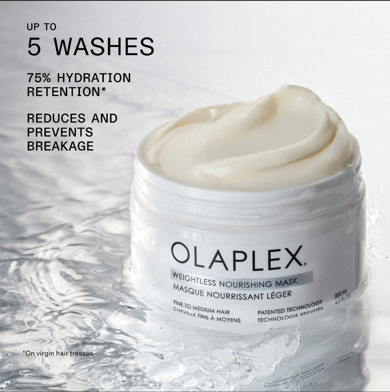 Olaplex Weightless Nourishing Mask in a white jar with a cream-colored mask visible inside, set against a water-textured background with promotional text on the left.