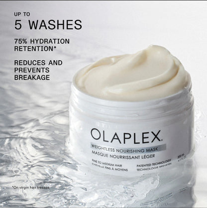 Olaplex Weightless Nourishing Mask in a white jar with a cream-colored mask visible inside, set against a water-textured background with promotional text on the left.