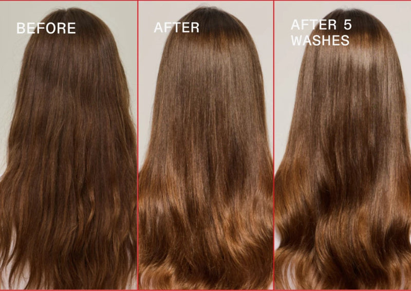 Three side-by-side hair photos labeled BEFORE, AFTER, and AFTER 5 WASHES, showing the effect of a hair care product on brown hair texture and shine.