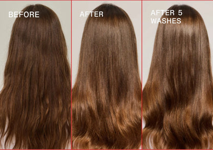 Three side-by-side hair photos labeled BEFORE, AFTER, and AFTER 5 WASHES, showing the effect of a hair care product on brown hair texture and shine.