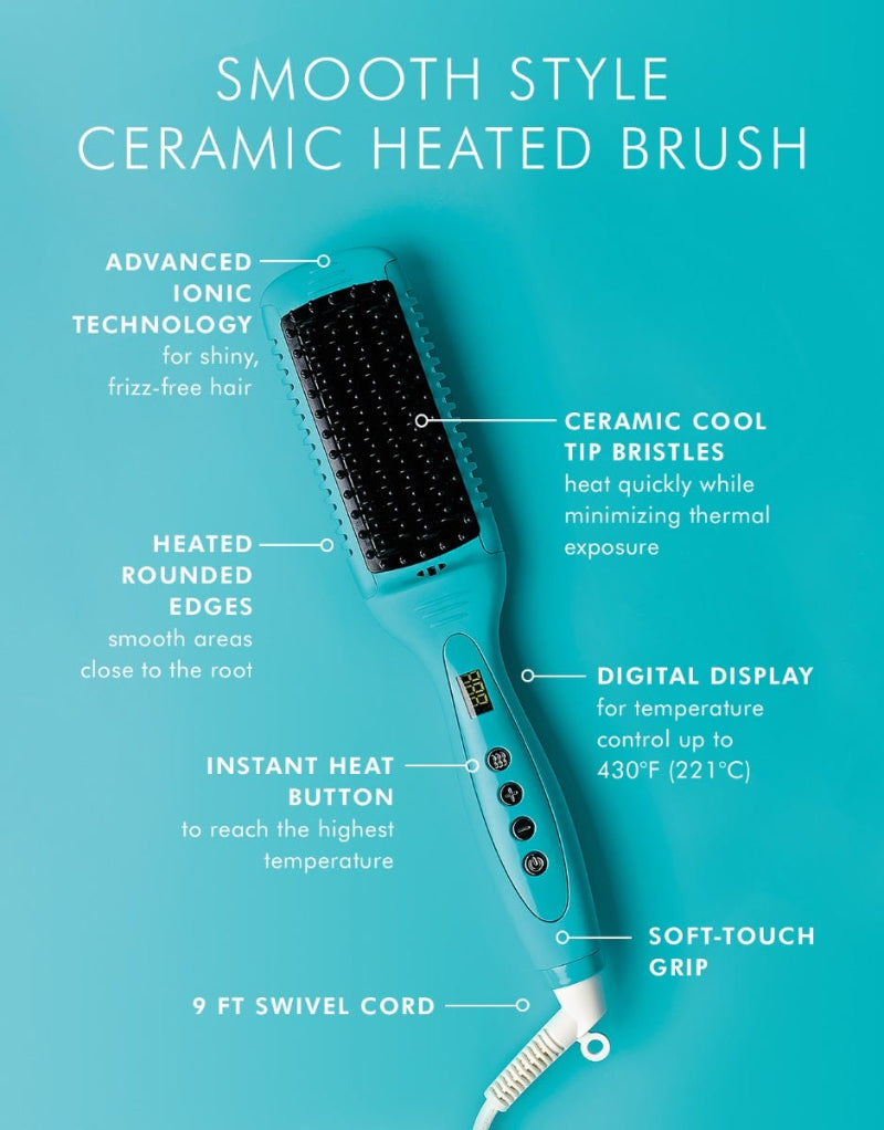 Ceramic heated brush with features labeled on a blue background