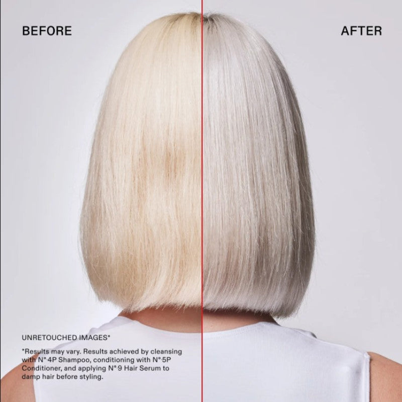 Before and after hair result photo showing a straight bob haircut on the back of a person's head. The left side is labeled BEFORE and is a natural light blonde, while the right side is labeled AFTER and appears lighter, brighter, and more washed out.