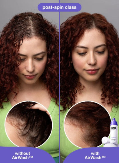 A split-screen comparison showing a woman with curly red-brown hair before and after using AirWash, with circular close-ups of the hairline and a small bottle labeled K18 visible on the right side. Purple banners read 'post-spin class', 'without AirWash', and 'with AirWash'.