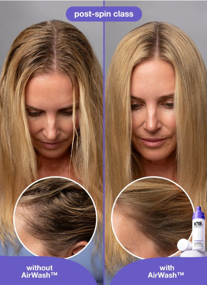 Before-and-after comparison of a woman's scalp hair density, labeled 'post-spin class', 'without AirWash™', and 'with AirWash™'. The left side shows thinning hair, and the right side shows fuller hair with a small bottle of K18 AirWash™ at the bottom right.