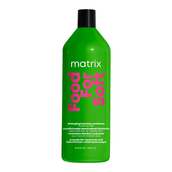 Green bottle of Matrix Food for Soft conditioner on a white background