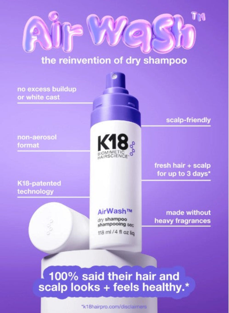 K18 AirWash dry shampoo bottle on a purple background with text highlighting features.