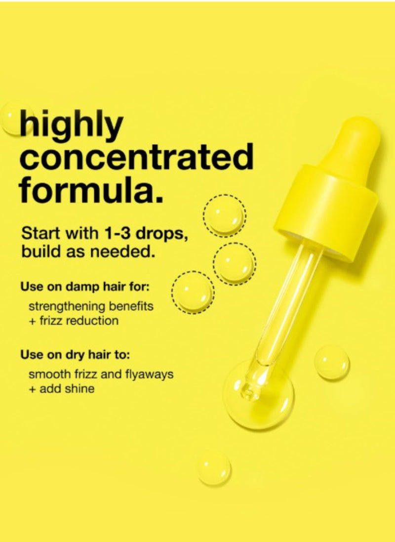 Bright yellow promotional graphic for a hair formula dropper bottle with black text explaining use on damp and dry hair, plus several droplet illustrations on a solid yellow background.