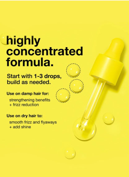 Bright yellow promotional graphic for a hair formula dropper bottle with black text explaining use on damp and dry hair, plus several droplet illustrations on a solid yellow background.