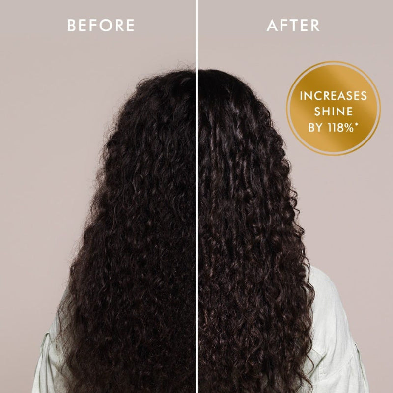 Before and after comparison of curly hair with increased shine, on a plain background.