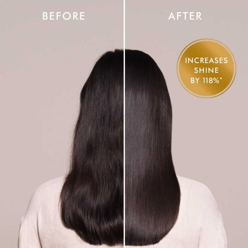 Before and after comparison of hair with increased shine, showing a significant improvement.