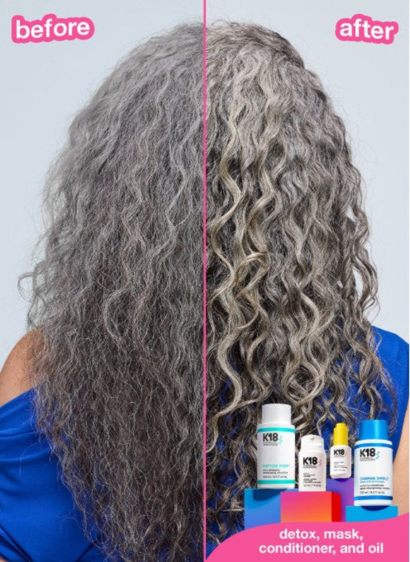Before and after hair transformation showing frizzy gray hair on the left and smooth curly gray hair on the right, with K18 product bottles displayed at the bottom right.