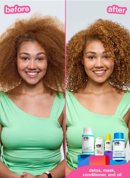 Before and after hair care comparison showing a woman with voluminous curly hair, with K18 product bottles displayed at the bottom against a light gray background.